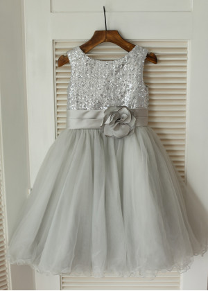 Silver Sequin Gray Tulle Flower Girl Dress With Flower Sash